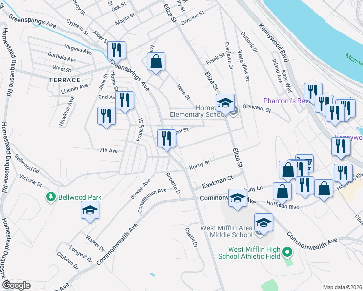 map of restaurants, bars, coffee shops, grocery stores, and more near 4506 Elizabeth Street in West Mifflin