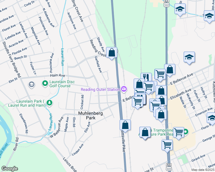 map of restaurants, bars, coffee shops, grocery stores, and more near 3225D Garfield Avenue in Reading