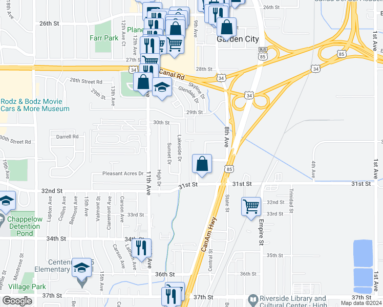 map of restaurants, bars, coffee shops, grocery stores, and more near 3020 Denver Street in Evans