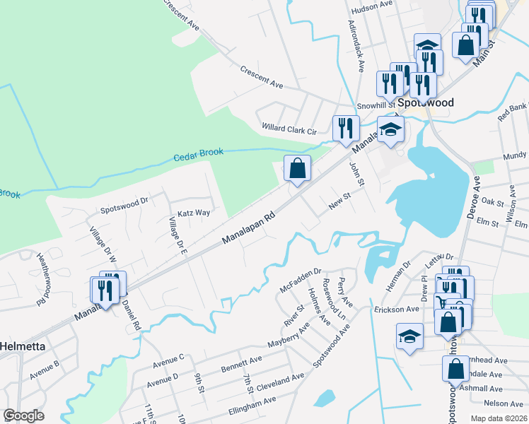 map of restaurants, bars, coffee shops, grocery stores, and more near 244 Manalapan Road in Spotswood