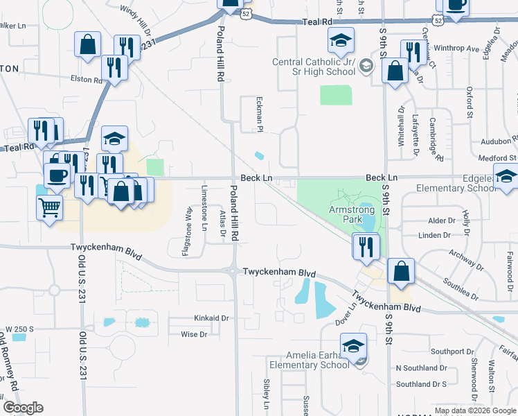 map of restaurants, bars, coffee shops, grocery stores, and more near 2823 Duroc Drive in Lafayette
