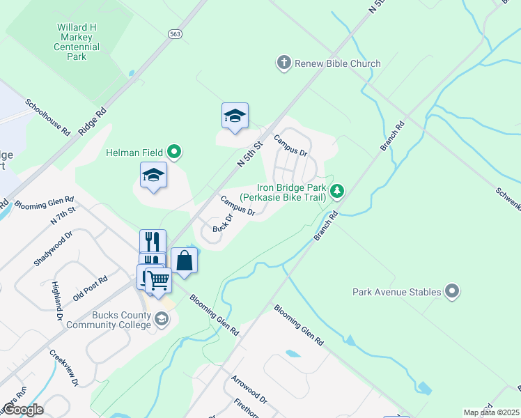 map of restaurants, bars, coffee shops, grocery stores, and more near 449 Campus Drive in Perkasie