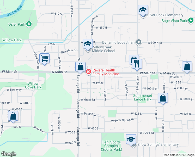 map of restaurants, bars, coffee shops, grocery stores, and more near 2098 125 South in Lehi