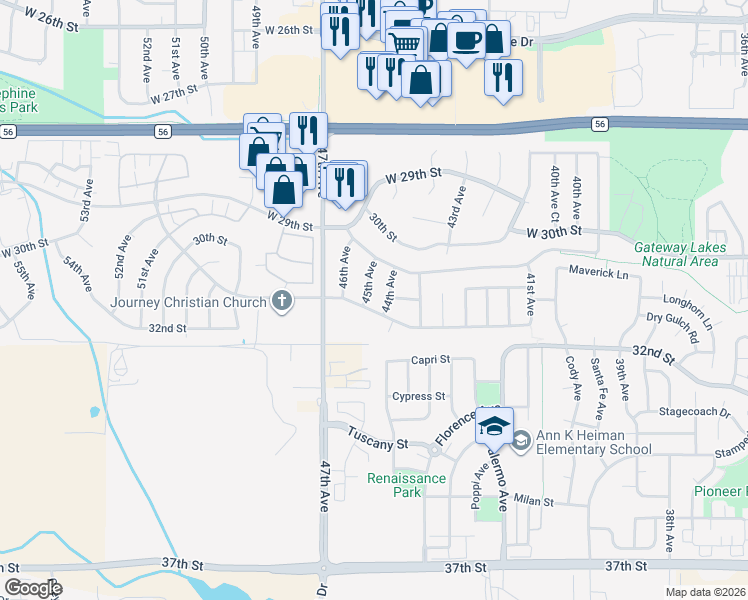 map of restaurants, bars, coffee shops, grocery stores, and more near 4410 West 31st Street in Greeley
