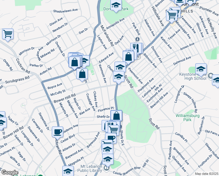 map of restaurants, bars, coffee shops, grocery stores, and more near 15 Bower Hill Road in Pittsburgh
