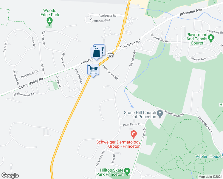 map of restaurants, bars, coffee shops, grocery stores, and more near 11 Old Orchard Lane in Princeton