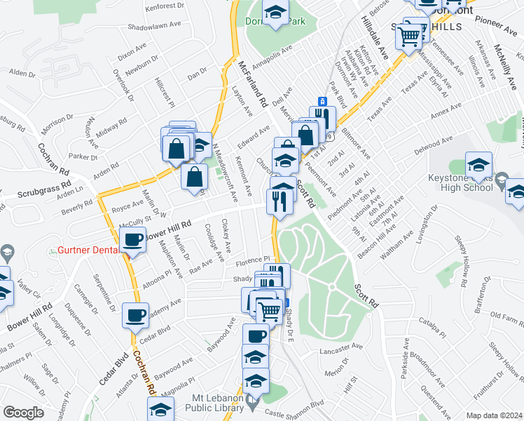map of restaurants, bars, coffee shops, grocery stores, and more near 15 Bower Hill Road in Pittsburgh