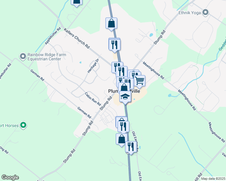 map of restaurants, bars, coffee shops, grocery stores, and more near 4864 Stump Road in Plumsteadville