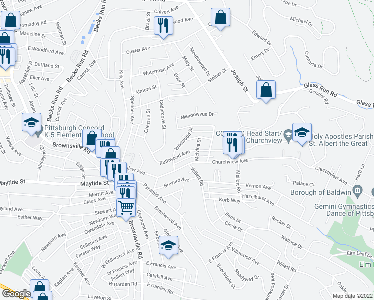 map of restaurants, bars, coffee shops, grocery stores, and more near 2971 Ruthwood Avenue in Pittsburgh