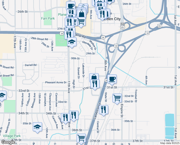 map of restaurants, bars, coffee shops, grocery stores, and more near 3028 Denver Street in Evans