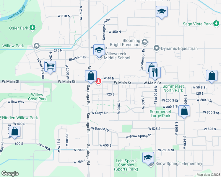 map of restaurants, bars, coffee shops, grocery stores, and more near 2098 125 South in Lehi