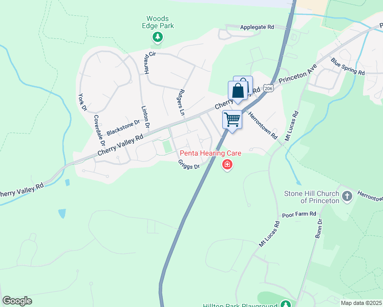 map of restaurants, bars, coffee shops, grocery stores, and more near 134 Griggs Drive in Princeton