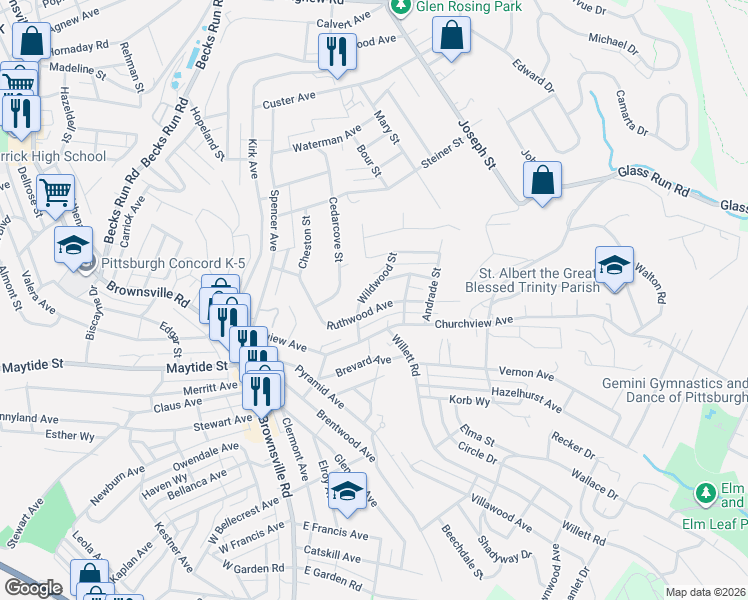 map of restaurants, bars, coffee shops, grocery stores, and more near 2900 Ruthwood Avenue in Pittsburgh