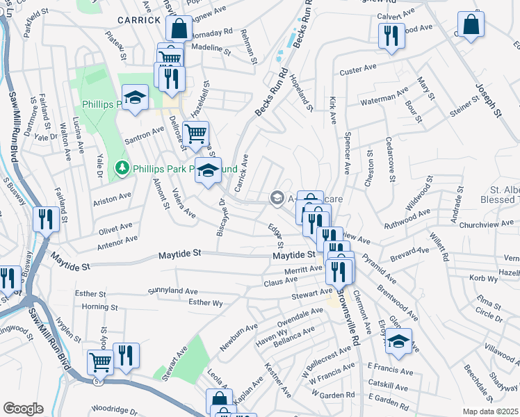 map of restaurants, bars, coffee shops, grocery stores, and more near 21 Wysox Street in Pittsburgh