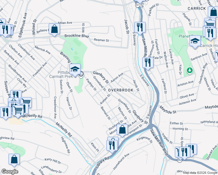 map of restaurants, bars, coffee shops, grocery stores, and more near 2264 Groveland Street in Pittsburgh