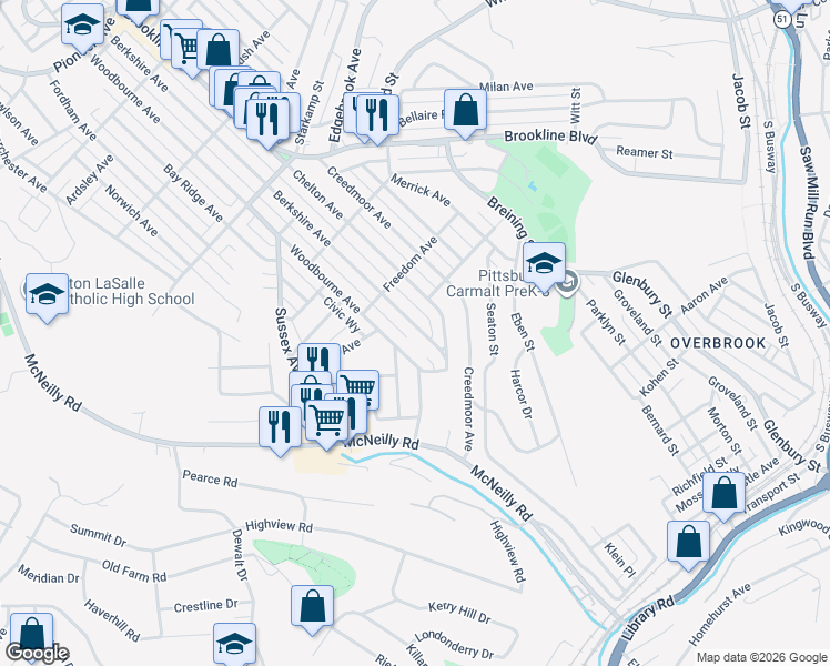 map of restaurants, bars, coffee shops, grocery stores, and more near 1554 Berkshire Avenue in Pittsburgh