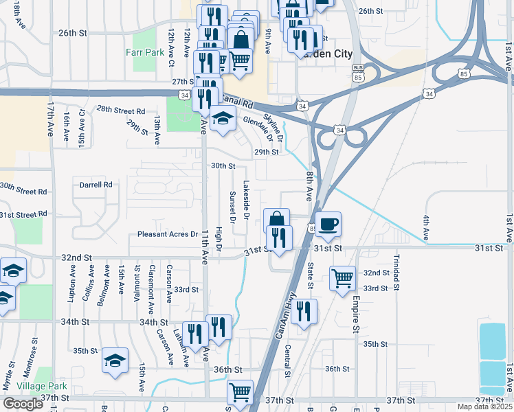 map of restaurants, bars, coffee shops, grocery stores, and more near 3026 Lakeside Drive in Evans