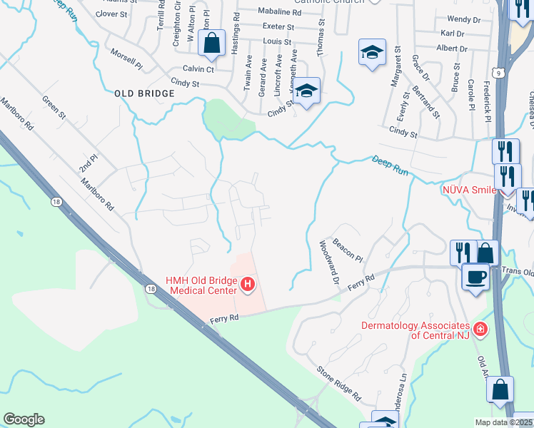 map of restaurants, bars, coffee shops, grocery stores, and more near 400 Forest Park Lane in Old Bridge