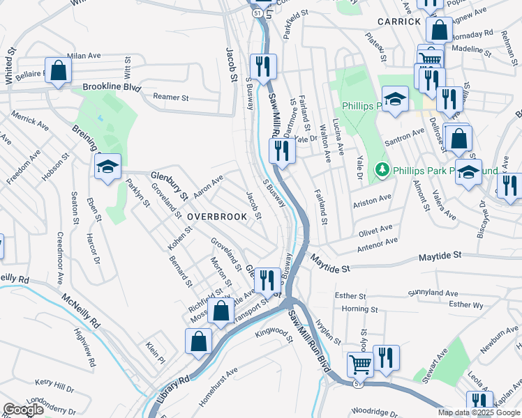 map of restaurants, bars, coffee shops, grocery stores, and more near 36 Cortina Way in Pittsburgh