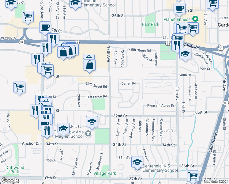map of restaurants, bars, coffee shops, grocery stores, and more near 3026 17th Avenue in Greeley