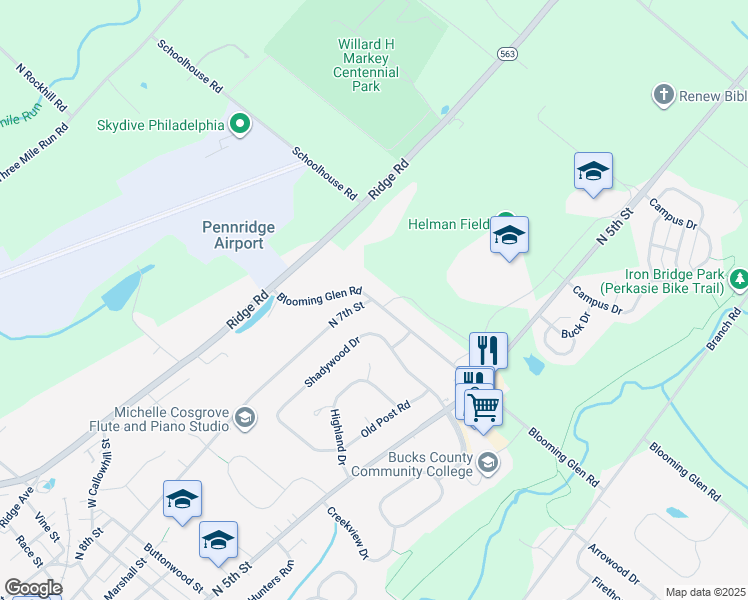 map of restaurants, bars, coffee shops, grocery stores, and more near 953 Blooming Glen Road in Perkasie