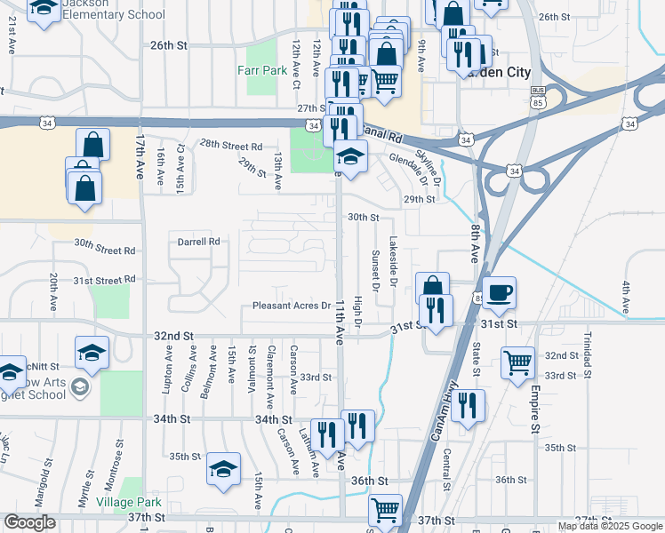 map of restaurants, bars, coffee shops, grocery stores, and more near 3021 11th Avenue in Evans