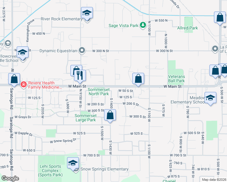 map of restaurants, bars, coffee shops, grocery stores, and more near 1355 West 125 South Street in Lehi