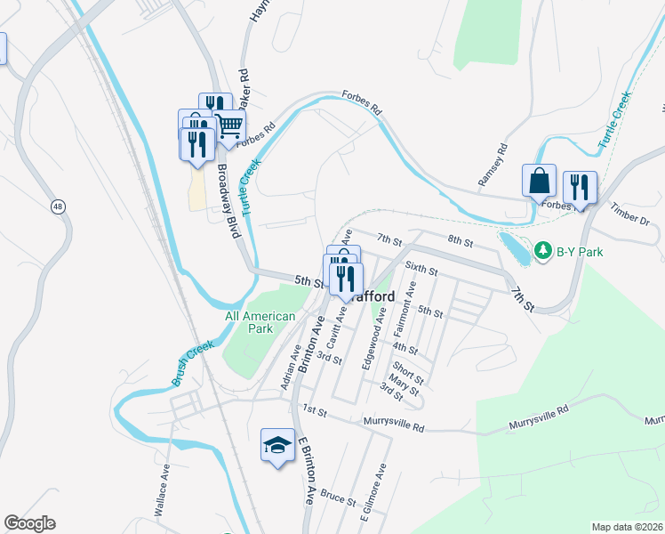 map of restaurants, bars, coffee shops, grocery stores, and more near 420-430 Brinton Avenue in Trafford