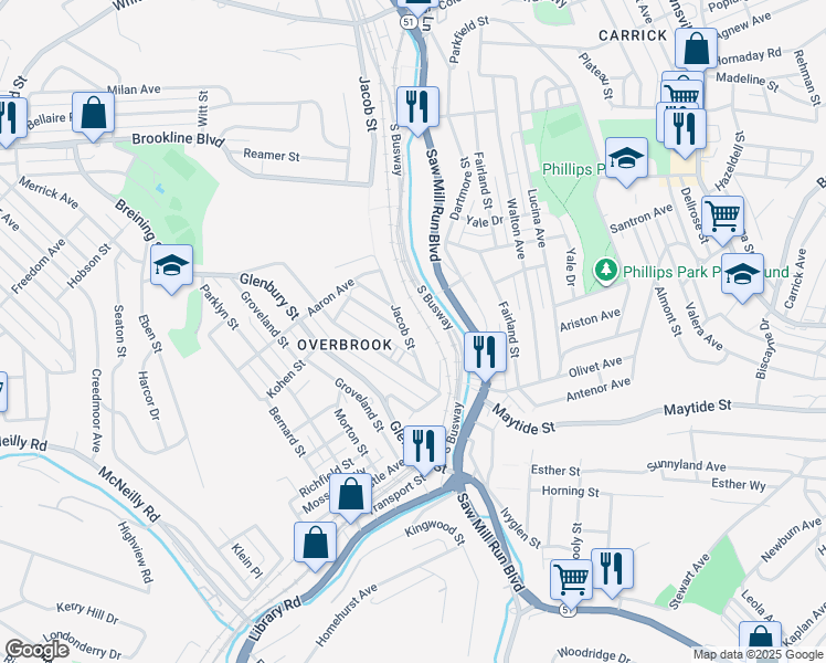 map of restaurants, bars, coffee shops, grocery stores, and more near 36 Cortina Way in Pittsburgh