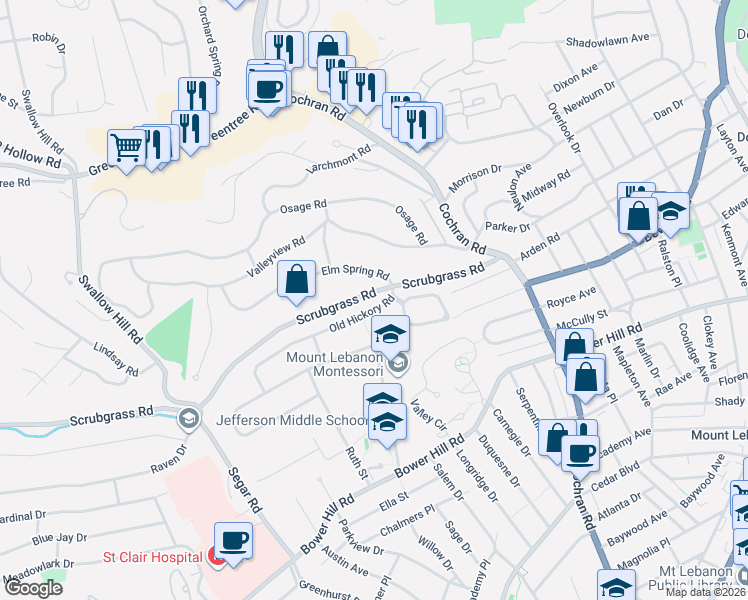 map of restaurants, bars, coffee shops, grocery stores, and more near 868 Old Hickory Road in Pittsburgh