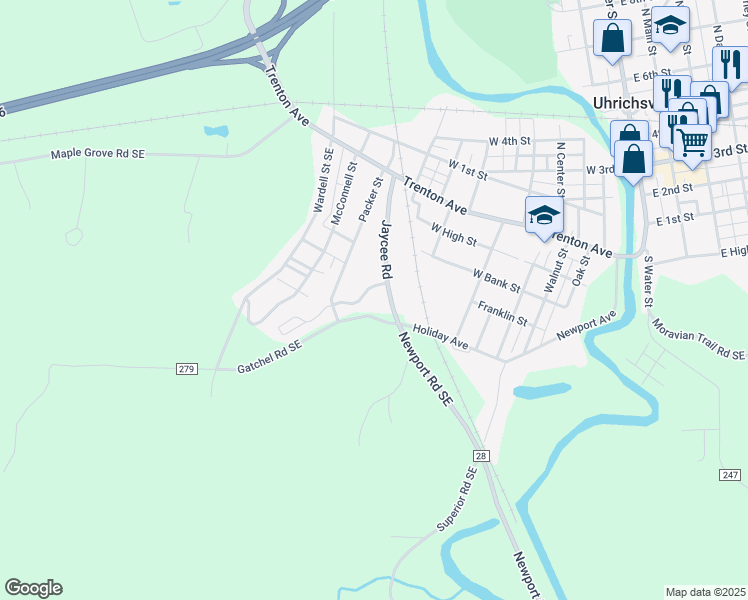 map of restaurants, bars, coffee shops, grocery stores, and more near 799 Holiday Ave in Uhrichsville