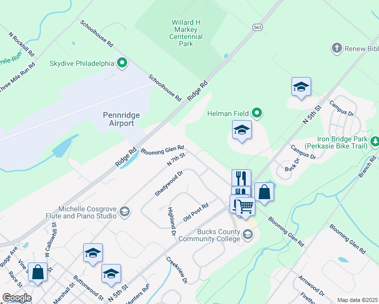 map of restaurants, bars, coffee shops, grocery stores, and more near 955 Blooming Glen Road in Perkasie