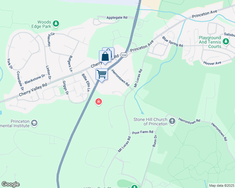 map of restaurants, bars, coffee shops, grocery stores, and more near 11 Old Orchard Lane in Princeton