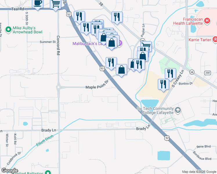 map of restaurants, bars, coffee shops, grocery stores, and more near 3030 Sagamore Parkway South in Lafayette