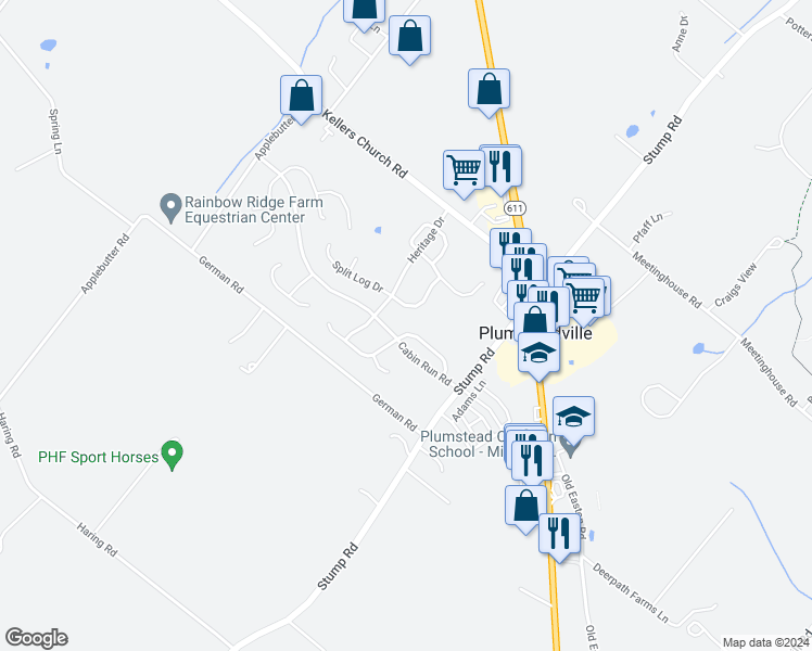 map of restaurants, bars, coffee shops, grocery stores, and more near 4956 Windy Meadow Court in Plumsteadville