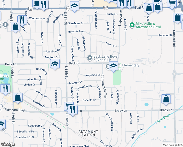 map of restaurants, bars, coffee shops, grocery stores, and more near 2112 Arapahoe Drive in Lafayette