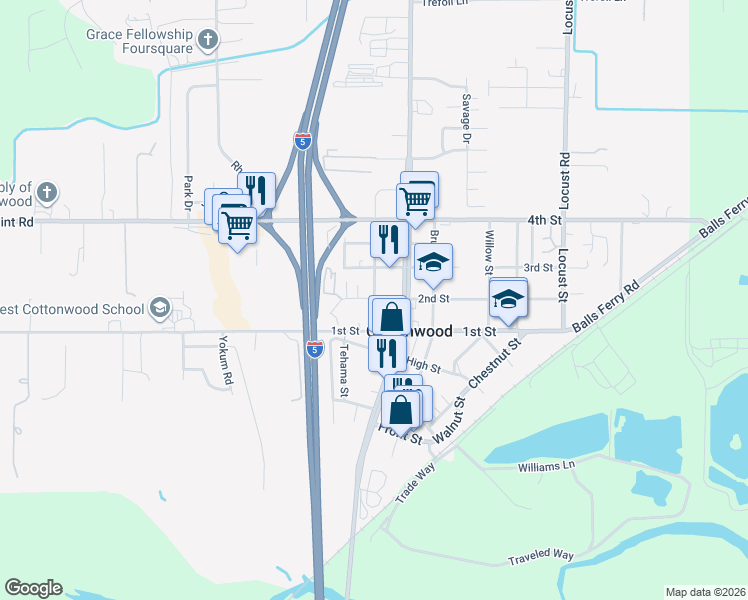 map of restaurants, bars, coffee shops, grocery stores, and more near 2nd St & Parkway St in Cottonwood