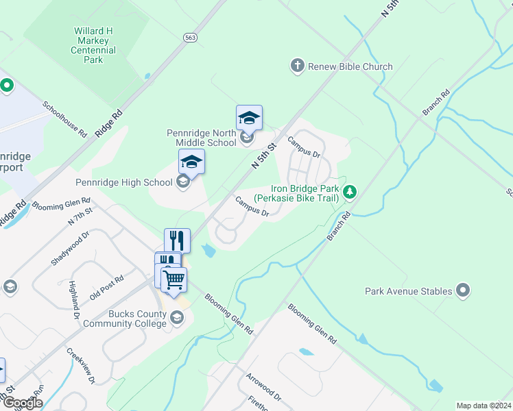 map of restaurants, bars, coffee shops, grocery stores, and more near 437 Campus Drive in Perkasie