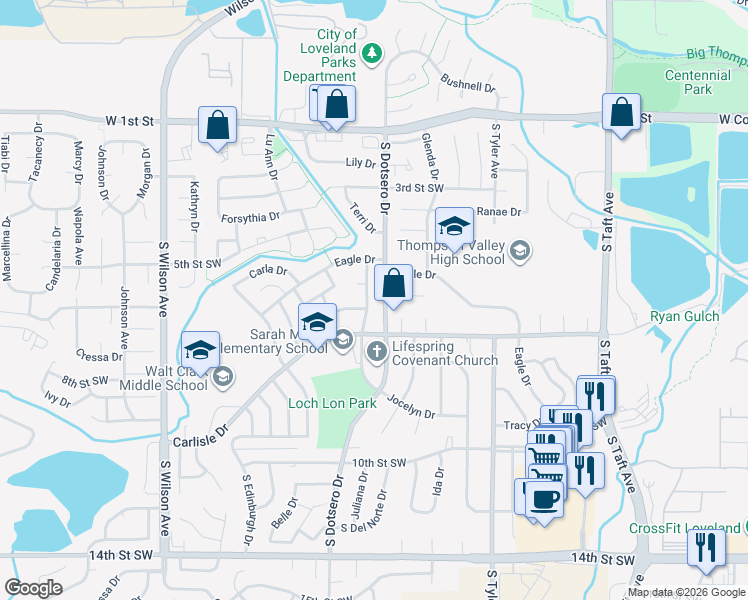map of restaurants, bars, coffee shops, grocery stores, and more near 1852 Eagle Drive in Loveland