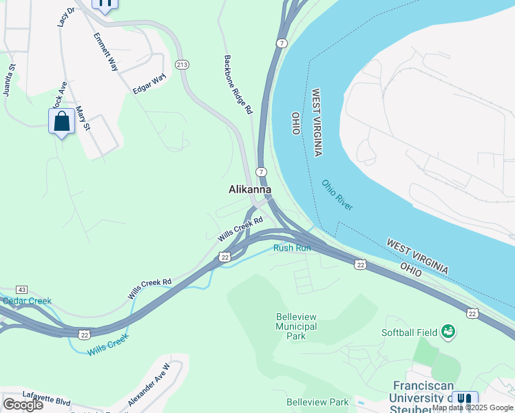 map of restaurants, bars, coffee shops, grocery stores, and more near Ohio 213 in Steubenville