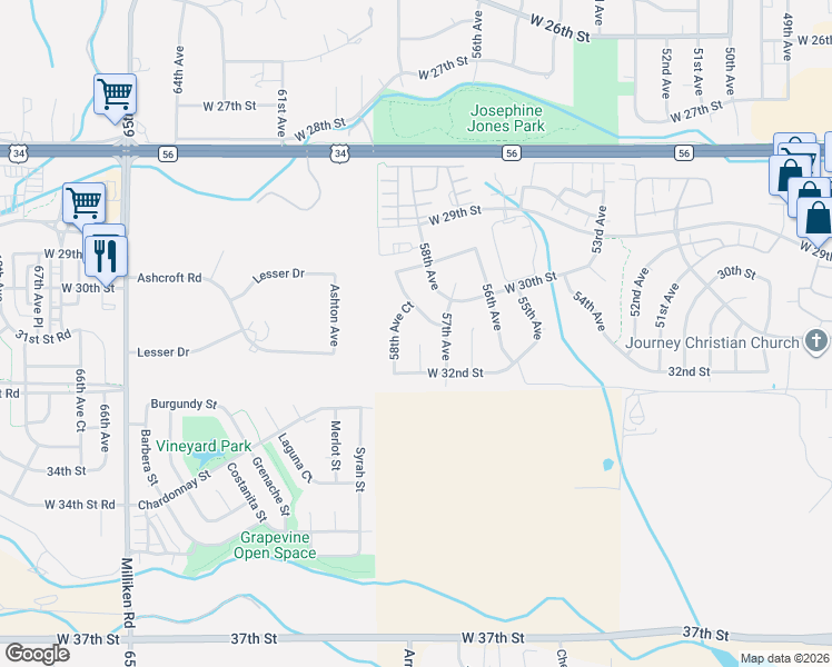 map of restaurants, bars, coffee shops, grocery stores, and more near 3123 58th Avenue in Greeley