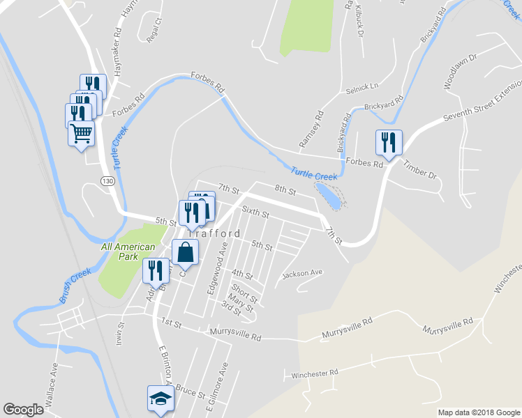 map of restaurants, bars, coffee shops, grocery stores, and more near 623 6th Street in Trafford