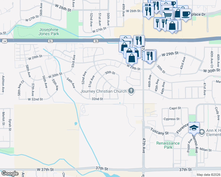 map of restaurants, bars, coffee shops, grocery stores, and more near 3104 50th Avenue in Greeley