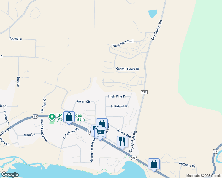 map of restaurants, bars, coffee shops, grocery stores, and more near 1775-1851 Wildfire Rd in Estes Park