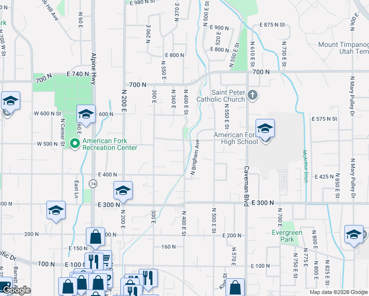 map of restaurants, bars, coffee shops, grocery stores, and more near 514 North 400 East Street in American Fork