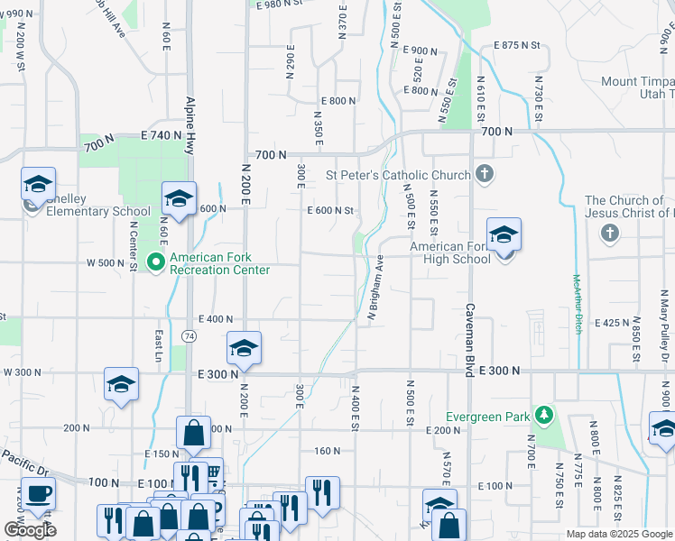 map of restaurants, bars, coffee shops, grocery stores, and more near 365 East 520 North Street in American Fork