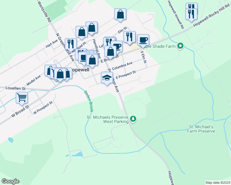 map of restaurants, bars, coffee shops, grocery stores, and more near 42 Princeton Avenue in Hopewell