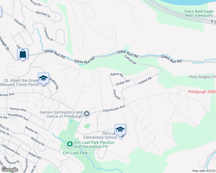 map of restaurants, bars, coffee shops, grocery stores, and more near 106 Flora Road in Pittsburgh