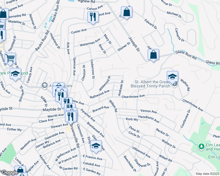 map of restaurants, bars, coffee shops, grocery stores, and more near 2915 Roland in Pittsburgh