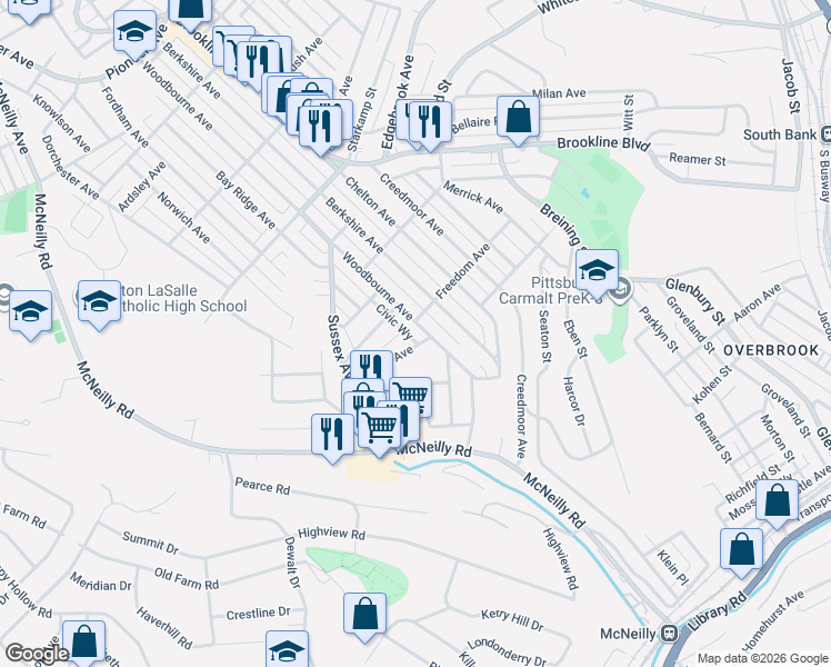 map of restaurants, bars, coffee shops, grocery stores, and more near 1303 Woodbourne Avenue in Pittsburgh